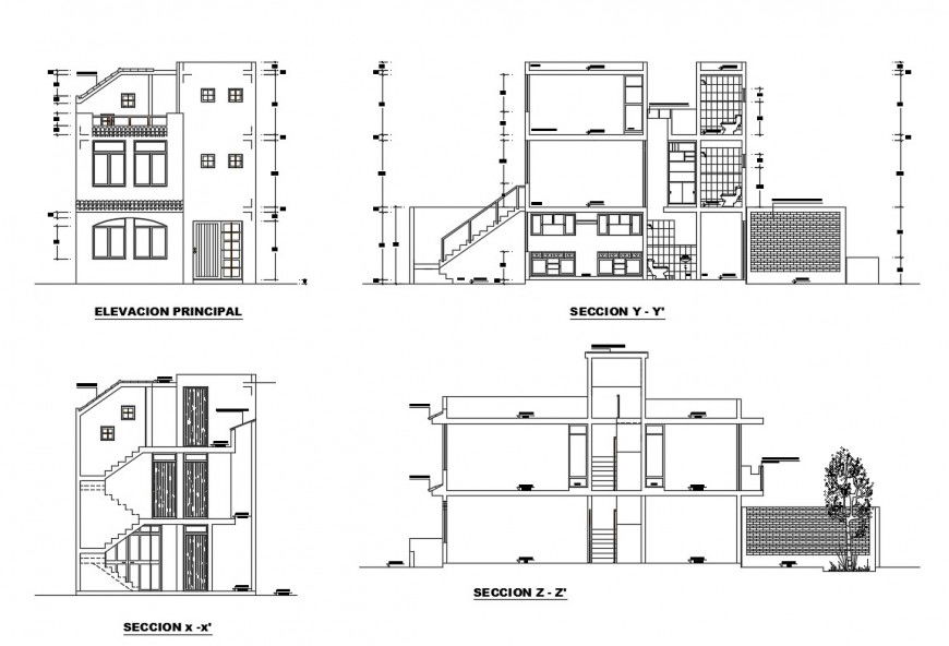 Main elevation and all sided sectional details of two-story house dwg file
