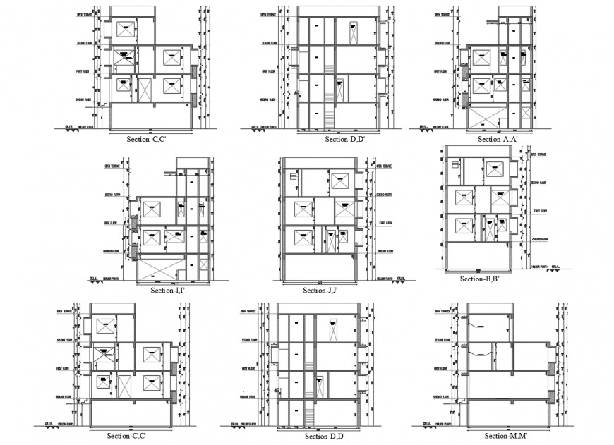 Main elevation and all sided sectional drawing details of residential building dwg file