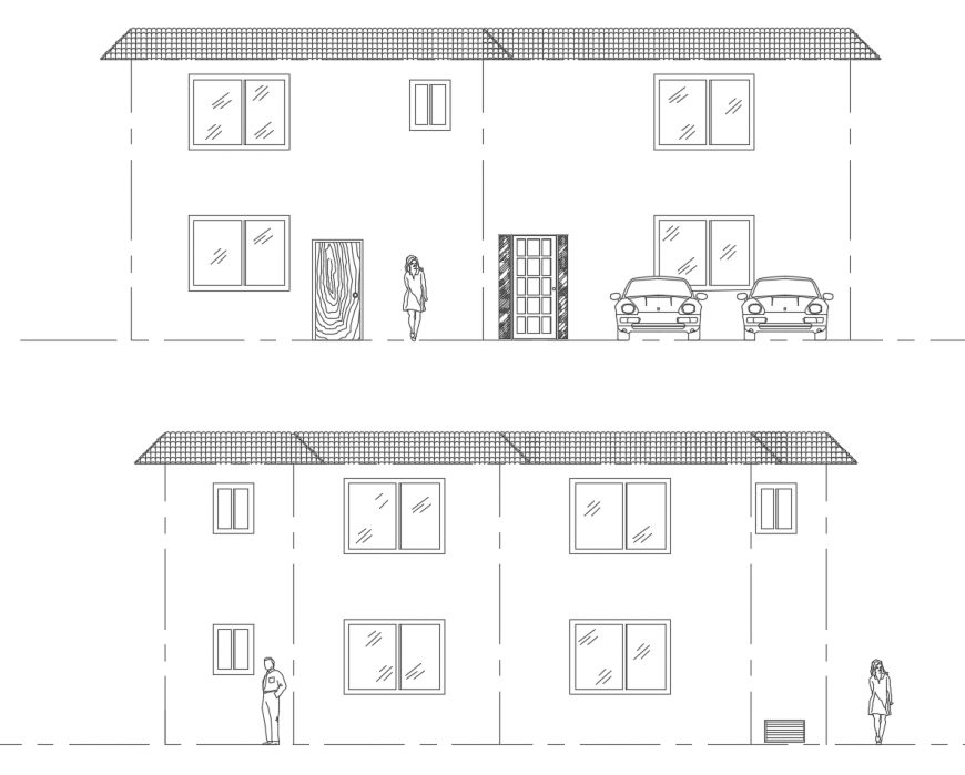 Main elevation and back elevation drawing details of residential house dwg file