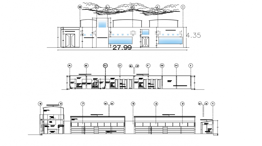 Main elevation and both sided section details of mini sports court dwg file