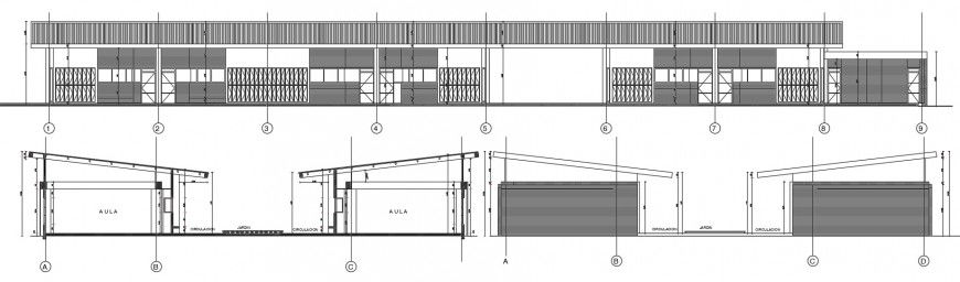 Main elevation and both sided section details of primary school dwg file