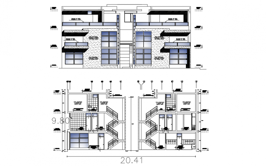 Main elevation and both sided section drawing details of apartment building dwg file