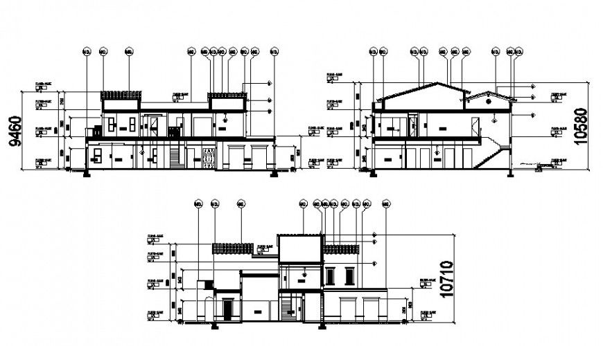 Main elevation and both sided section drawing details of luxuries villa dwg file