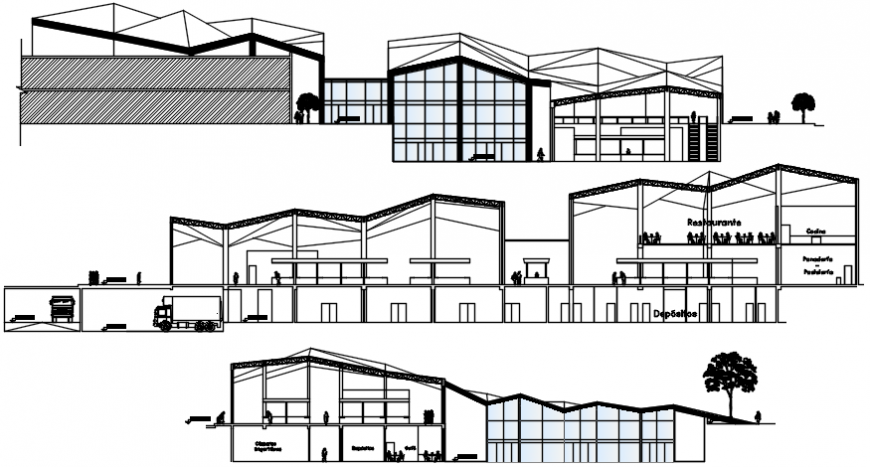Main elevation and both sided section drawing details of market dwg file