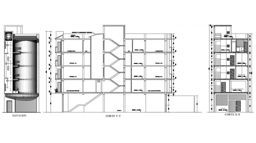 Main elevation and both sided sectional drawing details of apartment building dwg file