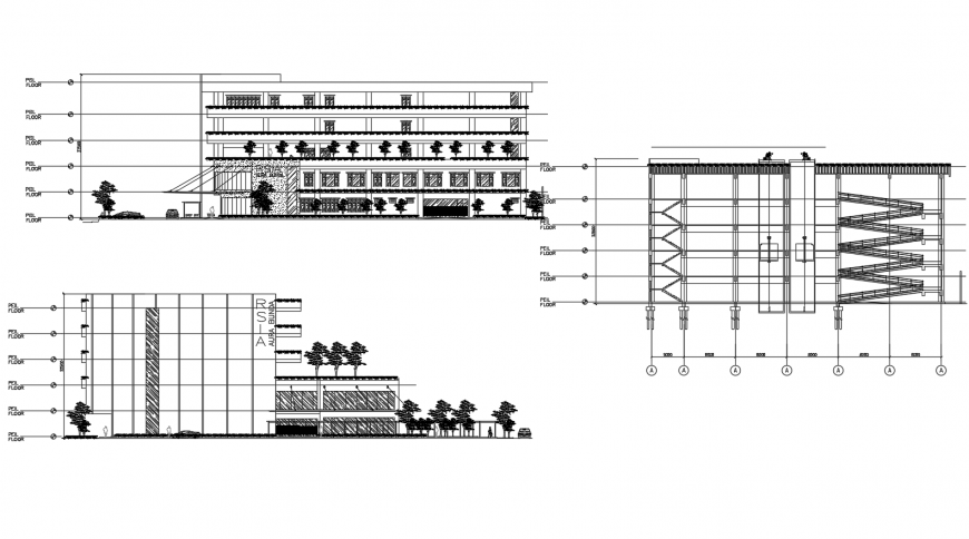 Main elevation and both sided sectional drawing details of maternity hospital dwg file