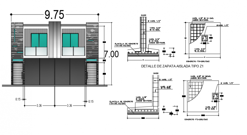 Main elevation and column construction detail for apartment building dwg file