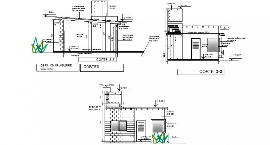 Main elevation and cut sided sectional details of one family house dwg file
