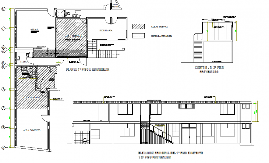 Main elevation and first floor plan distribution drawing details of school dwg file