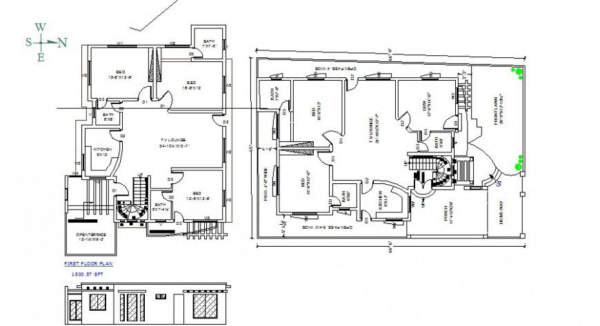 Main elevation and floor plan distribution details of one family house dwg file