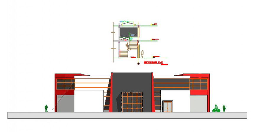 Main elevation and lateral cut section details of auditorium hall dwg file