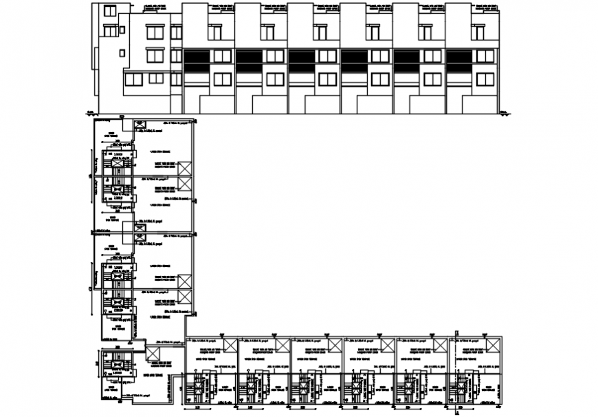 Main elevation and layout plan details for apartment block dwg file