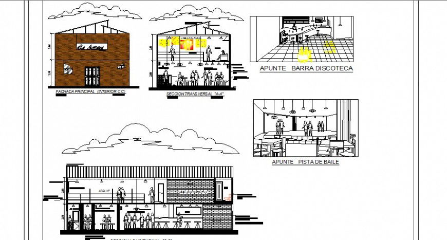 Main elevation and longitudinal and transverse sectional details of restaurant dwg file