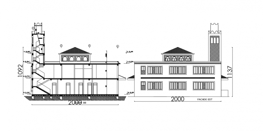 Main elevation and main section details of religious mosque dwg file