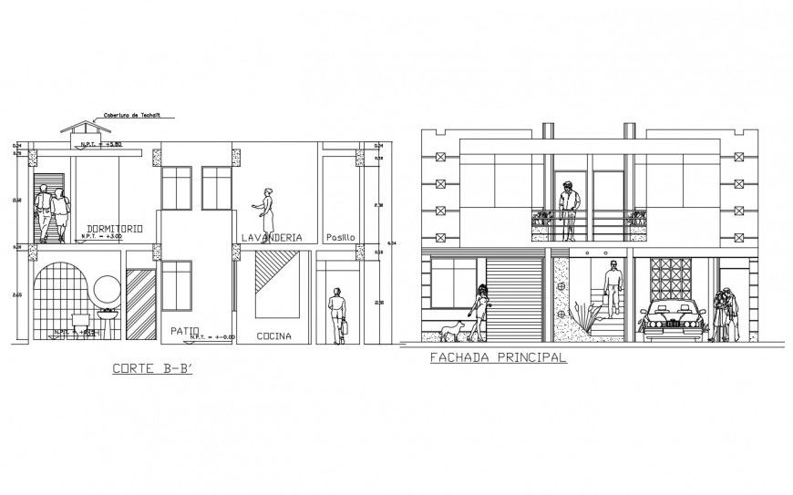 Main elevation and main sectional drawing details of house dwg file
