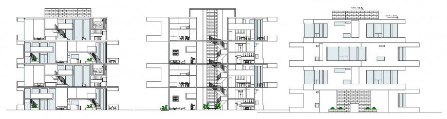 Main elevation and rare both sided section drawing details of housing building dwg file