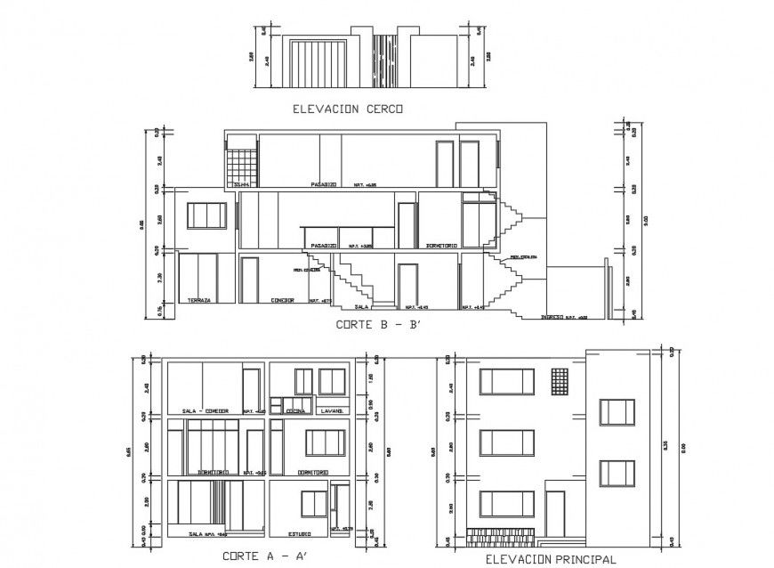 Main elevation and section details of detached house dwg file