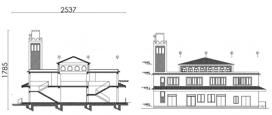 Main elevation and section details of religious mosque dwg file