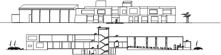 Main elevation and section details of restaurant dwg file