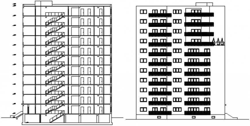 Main elevation and section drawing details of multi-story apartment building dwg file