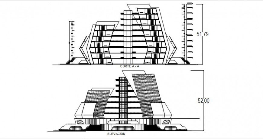 Main elevation and section drawing details of multi-story civic office center dwg file