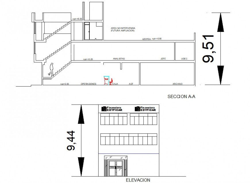 Main elevation and section drawing details of office building dwg file