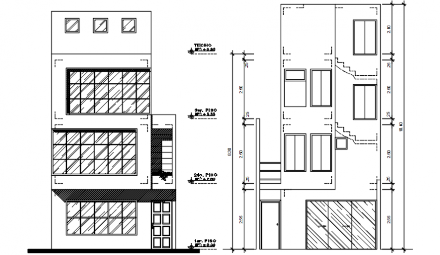 Main elevation and section drawing details of three story house dwg file