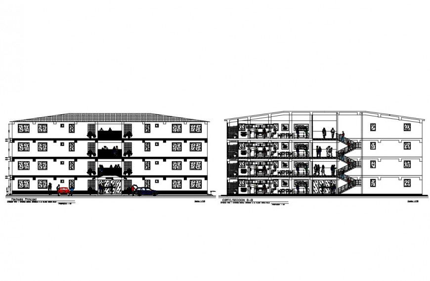 Main elevation and sectional details of multi-family apartment building dwg file