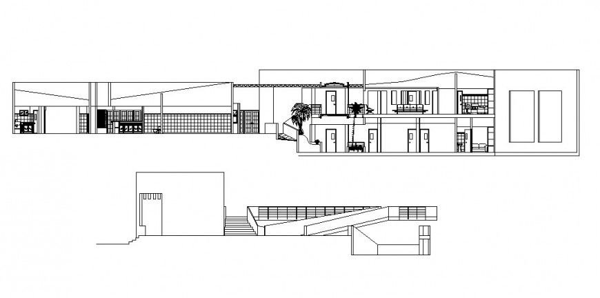 Main elevation and sectional details of residential house dwg file