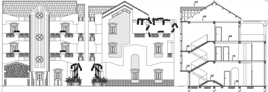Main elevation and side section details of luxuries villa dwg file