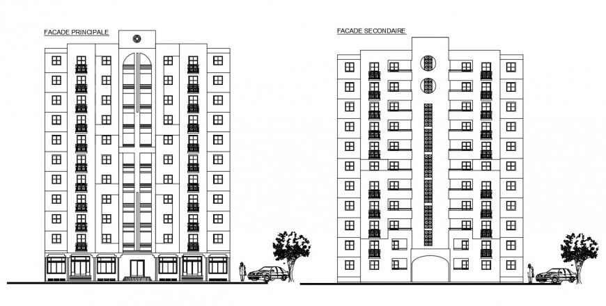 Main elevation design of apartment project detail cad file