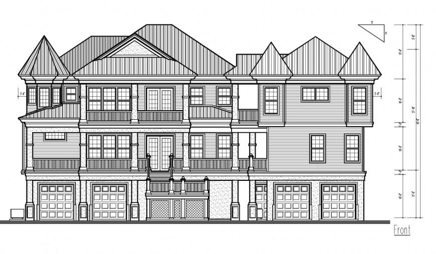 Main elevation details of luxuries multi-story villa building dwg file