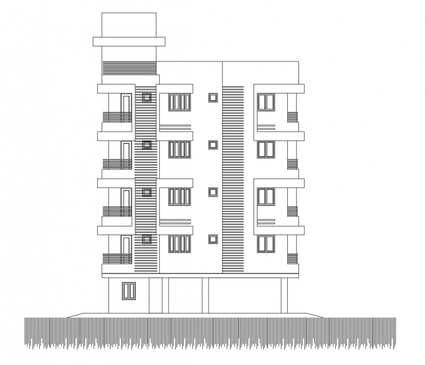 Main elevation details of multi-level hotel building dwg file
