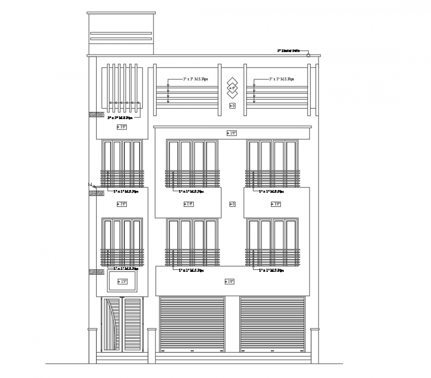 Main elevation details of residential apartment building dwg file
