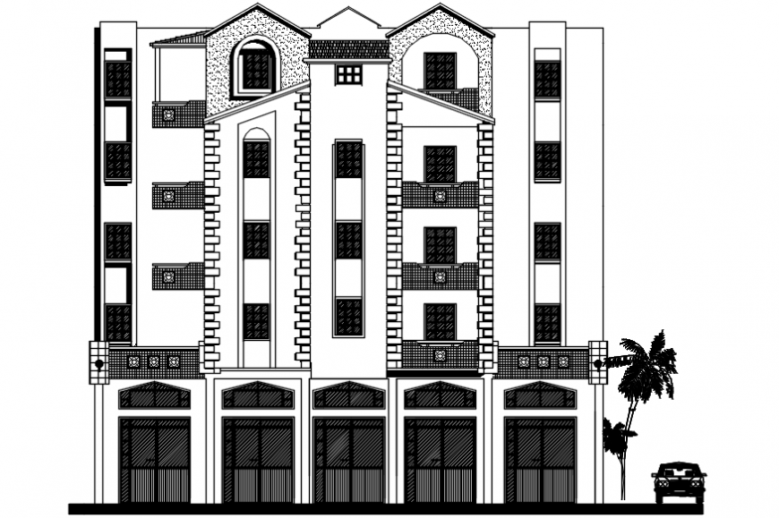 Main elevation drawing details of multi-familiar apartment building dwg file