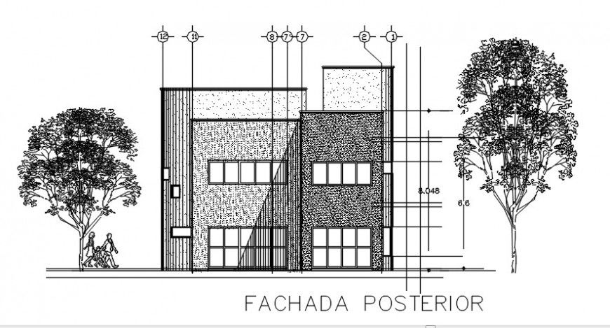Main elevation drawing details of residential house dwg file