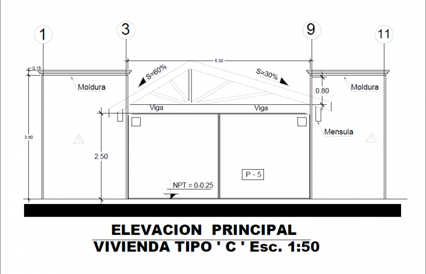 Main elevation plan design drawing of villa design
