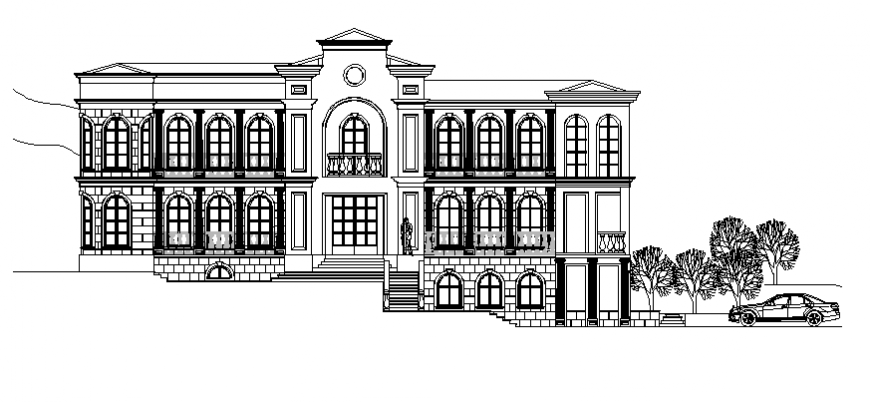 Main facade elevation details of multi-flooring luxuries villa dwg file