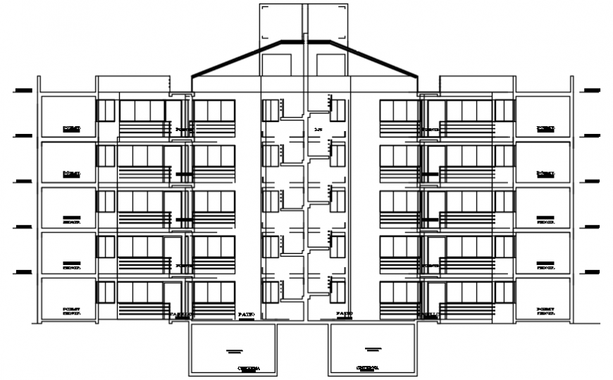 Main front elevation drawing details of apartment flats building dwg file
