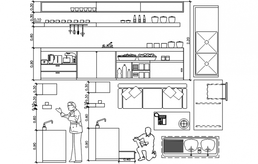 Main front section drawing with furniture of restaurant kitchen dwg file