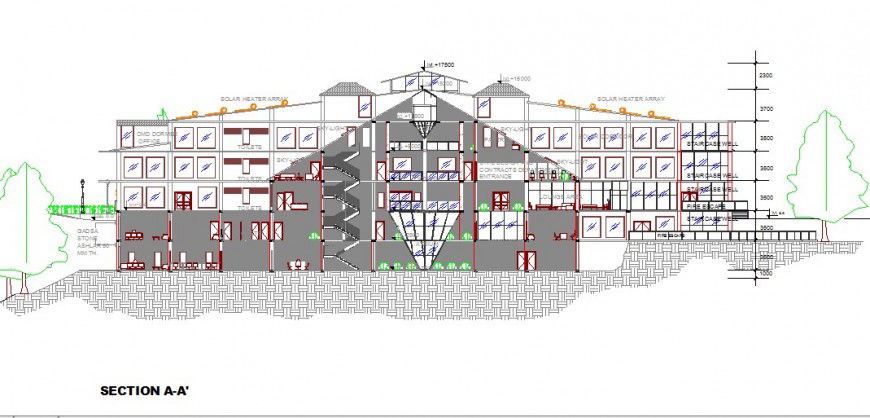Main front sectional details of multi-story government building dwg file