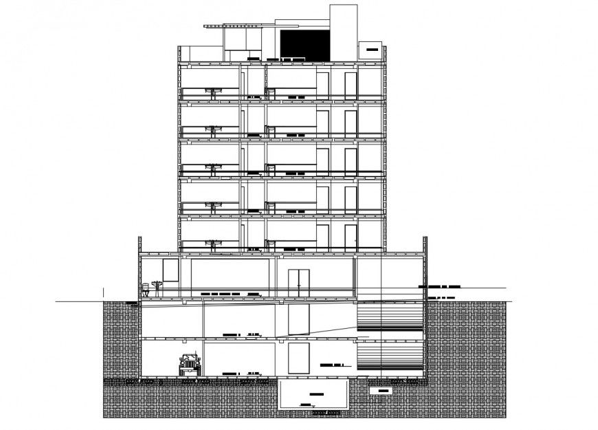 Main front sectional details of multi-story office building dwg file