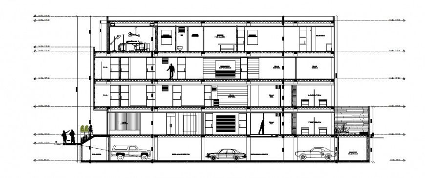 Main front sectional drawing details of general health center building dwg file