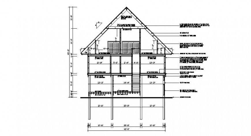 Main frontal constructive sectional drawing details of house dwg file