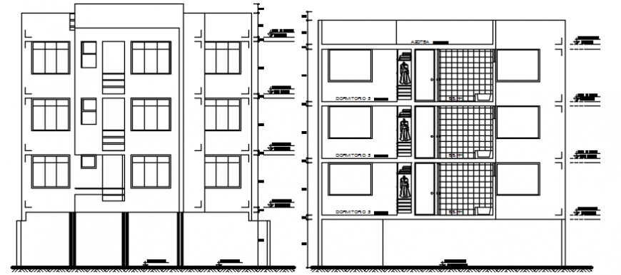 Main frontal elevation and section details of apartment building dwg file