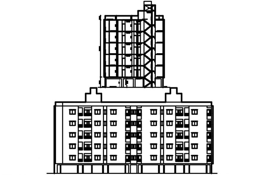 Main frontal elevation and side section drawing details of apartment building dwg file
