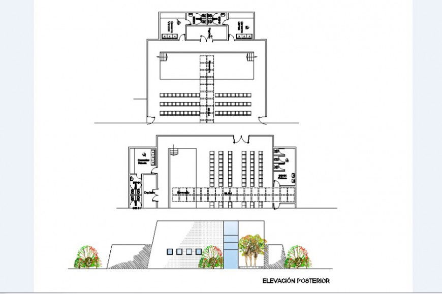 Main frontal elevation and two floor distribution plan cad drawing details dwg file