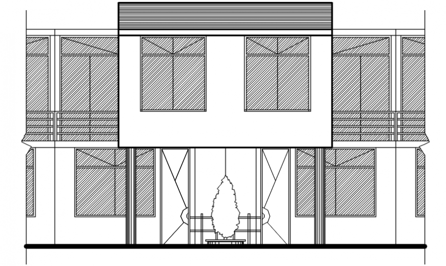 Main frontal elevation details of two story residential house dwg file