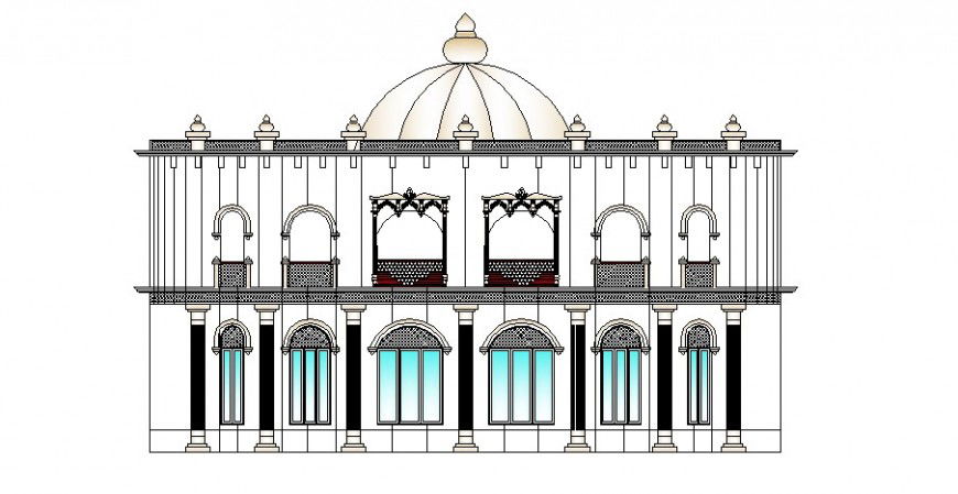 Main frontal elevation drawing details of classic restaurant dwg file
