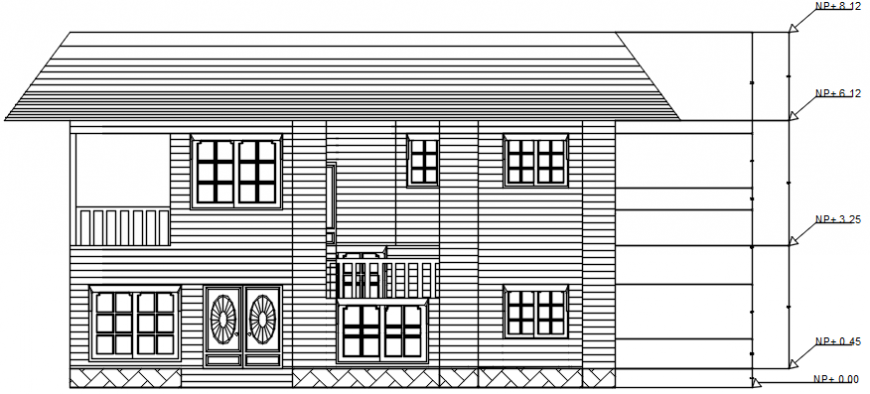 Main frontal elevation drawing details of cottage house dwg file